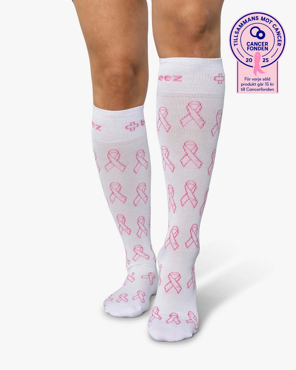 Beez Stödstrumpa Rosa Bandet Vit